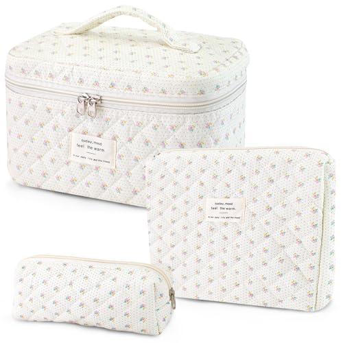 Givurao 3Pcs Cotton Quilted Makeup Bag for Women Girls, Large Floral Cosmetic Bag Set Cute Makeup Brushes Aesthetic Accessories Storage Bag Little Flower Travel Toiletry Bag Organizer