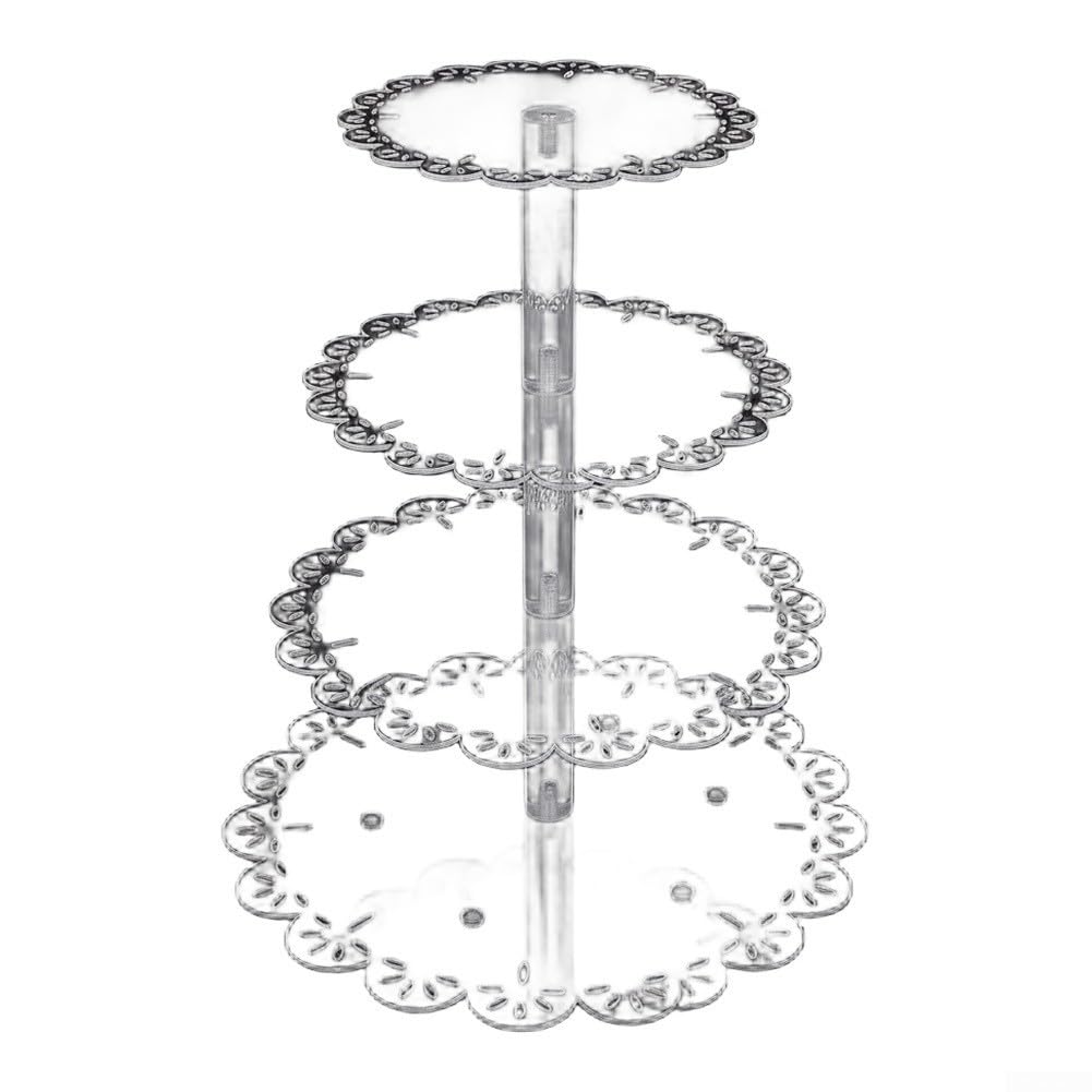Soporte acrílico para cupcakes de 4 niveles con borde de encaje para bodas, soporte de exhibición transparente de torre de postre de 37 cm (4)