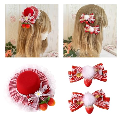2PCS Delicate Bow Plaids Strawberry Side Clip Top Hat for Sweet Girls Lace Strawberry Bowler Hat2