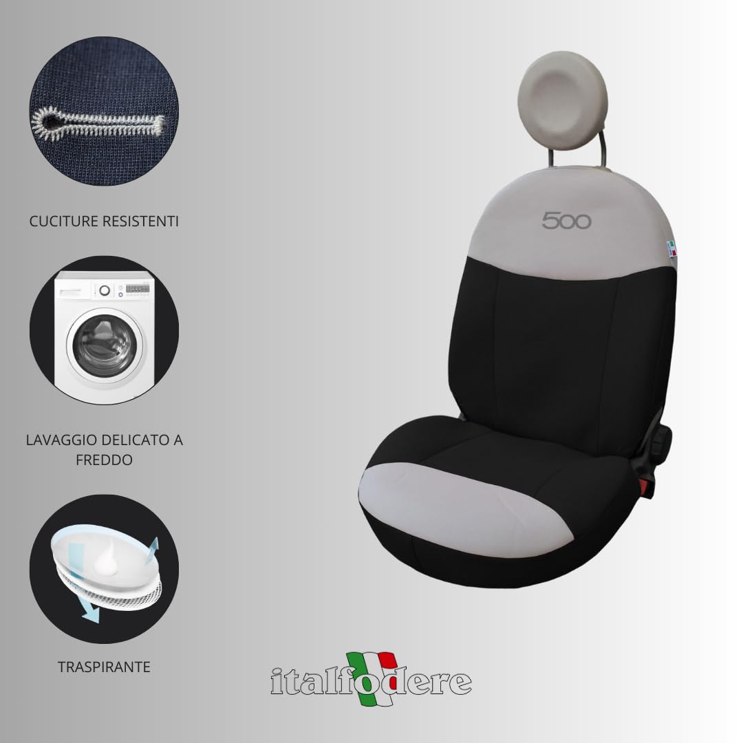 Italfodere - Coppia di Coprisedili Auto anteriori - Compatibili con Fiat 500 dal 2007 in poi - Fatti a Mano - Cotone - Gommapiuma e Poliestere - Accessori Auto Interno - Made in Italy - Nero/Panna