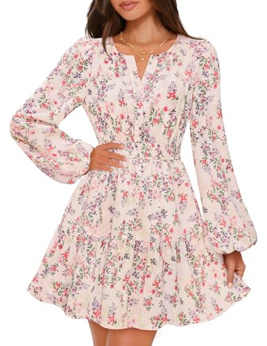 MEROKEETY Fall Wedding Guest Dresses for Women Long Sleeve Floral Casual Lightweight Flowy Swing Boho Dress Pockets