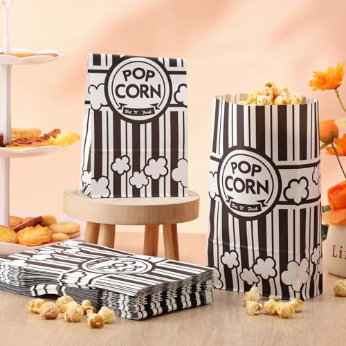 Image of Leinuosen Paper Popcorn Bags Bulk 2 oz Large Flat Bottom Boxes Disposable Container Sleeve Movie Night Popcorn Bucket for Retro Movie Themed Party Carnival Supplies (Black and White,500 Pcs)
