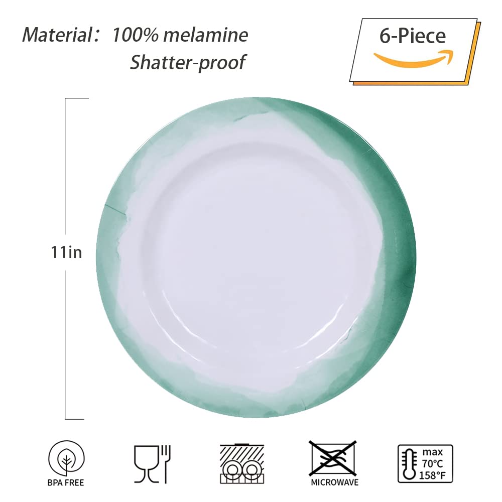 Melamine Dinner Plates - 6pcs 11inch Dinnerware Dishes Set for Indoor and Outdoor Use,Disherwash Safe (Green 11in)