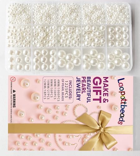 Laopottbeads 1225 Pcs Ivory White 5 Size Pearl Beads for Jewelry Making Round Pearl DIY Kit for Bracelets, Earrings, Necklaces & Anklets