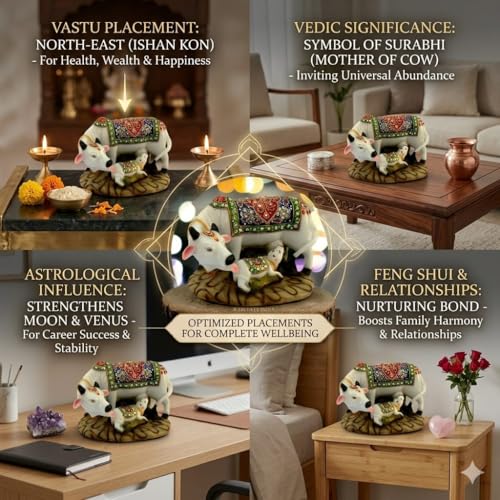 Image of SAUDEEP INDIA Good Luck Gift Items Art Handicraftgiftgallery Decorative Marble dust /Polyresin Cow and Calf Showpiece Idols and Figurines, 5x3x3Inch (Export Quality)