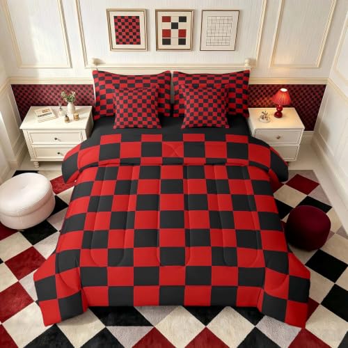 Image of Feelyou Checkered 7 Piece Bedding Set Teen Red Black Plaid Comforter Set with Sheets Full Size Kids Boys Cute Retro Neutral Checkerboard Geometric Bed in a Bag Vintage Aesthetic Room Decor