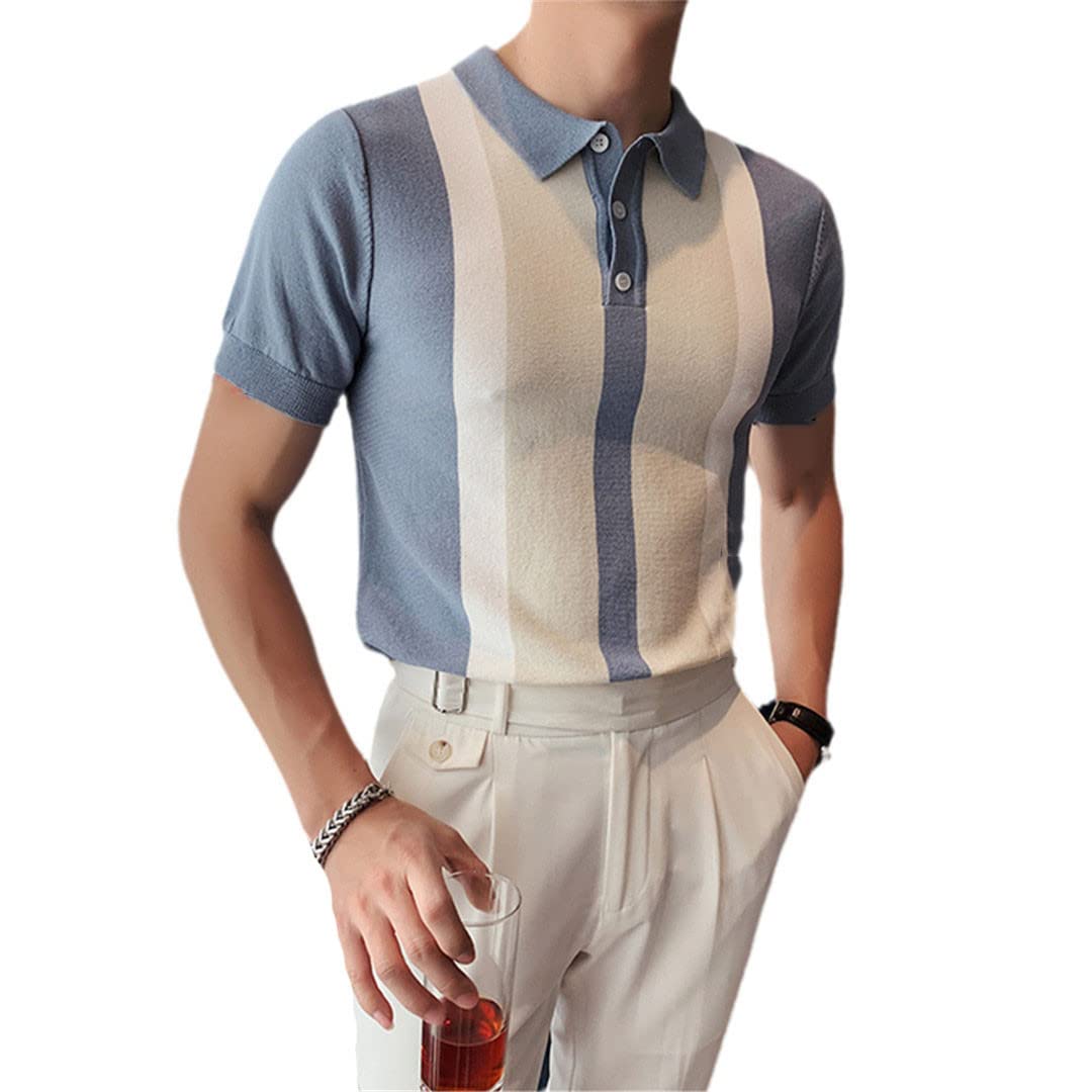 Herren Poloshirts Patchwork Knit Slim Shirts Herren Sommer Kurzarm Poloshirt Casual Revers Button Tops 02 Sky Blue XL
