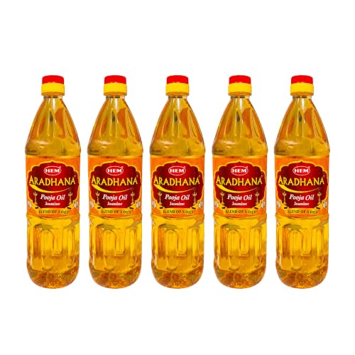 Image of Hem Aradhana Pooja Oil - 900ml (Pack of 5) | Blend of 5 Oils: Coconut, Til, Mahua, Jasmine & Rice Bran for Rituals, Lighting Diya | Lasting Flame & Pure Aroma | Ideal for Daily Puja & Ceremonies