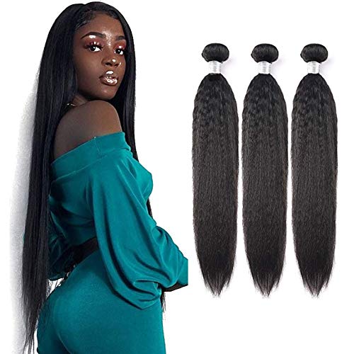 Long Brazilian Kinky Straight Human Hair 3 Bundles Yaki Straight Hair Weave 100% Unprocessed Virgin Human Hair Extensions Kinkys Straight Hair Weave Natural Black Color(24 26 28 Inch)