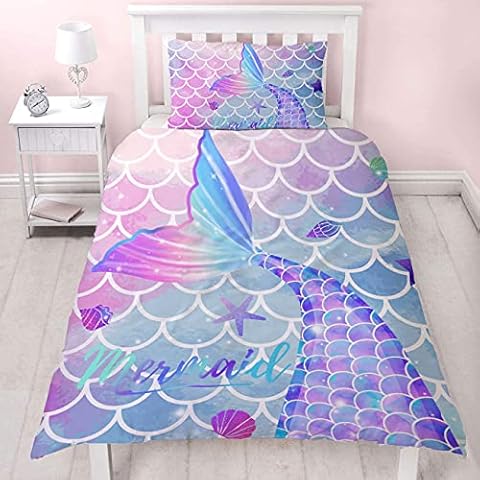 MUSOLEI Mermaid Bedding Set Girls Single Colorful 3D Mermaid Tail Blue Duvet Cover Sets Pink Lovely Quilt Cover Soft with Pillwocase(Mermaid,Single) Cover