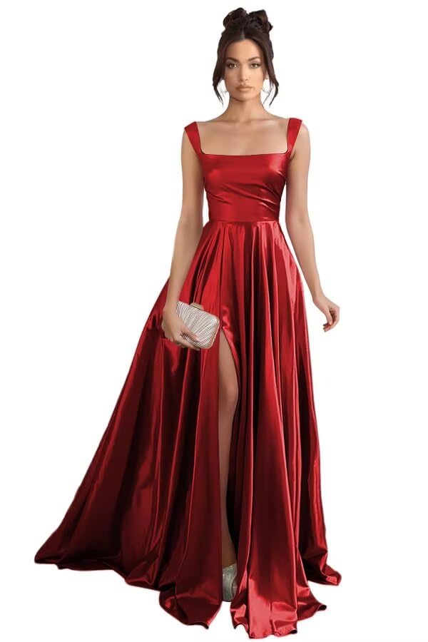 Stylefun Women's Satin A Line Bridesmaid Dresses with Slit Long Square Neck Formal Cocktail Party Dress with Pockets CYM297