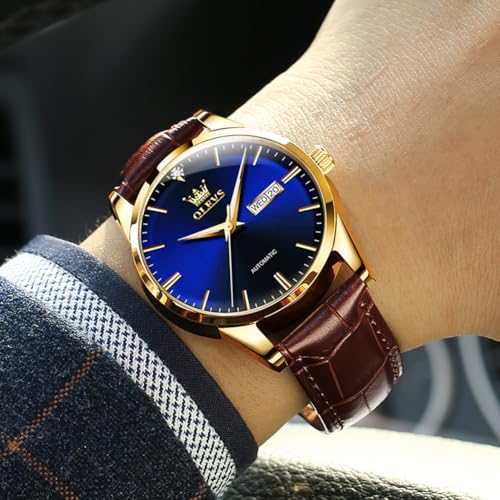 Image of OLEVS Brown Mens Leather Watch Dress Casual Day Date Quartz Wrist Watch