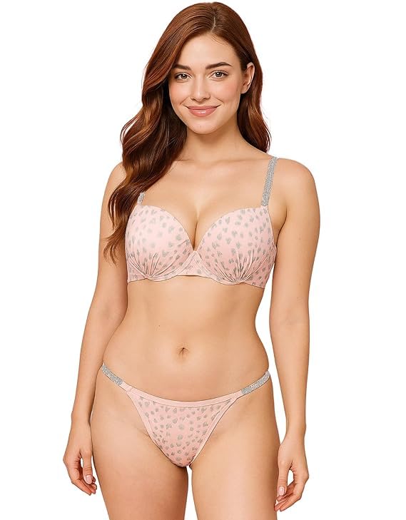 Image of Fashiol Women's Padded Wired Lingerie Set with Adjustable Glitter Straps & Heart Print Bra and Panty Set