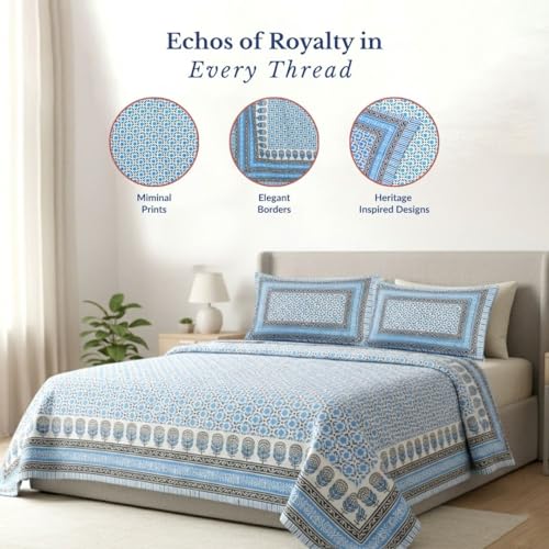 Image of Jaipur Weaves Jaipuri Double Bed Cotton Bedsheet Queen Size 90x85, 120 TC 100% Pure Cotton Bed Sheet with 2 Pillow Covers, Floral Traditional Print (Motifs Blue, Double)