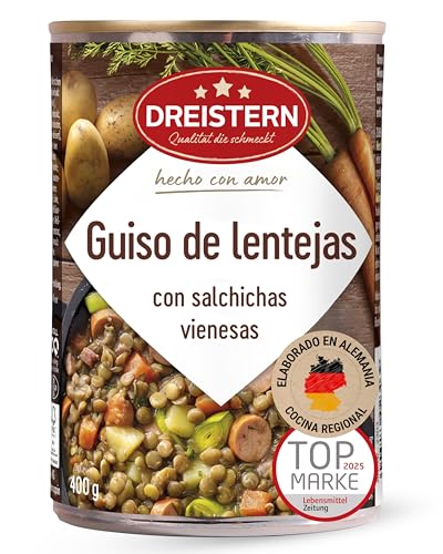 DREISTERN Guiso de lentejas 400 g I Con salchichas vienesas & verduras I Estofado sabroso en lata reciclable I Larga duración gracias a la conservación natural I Calidad casera