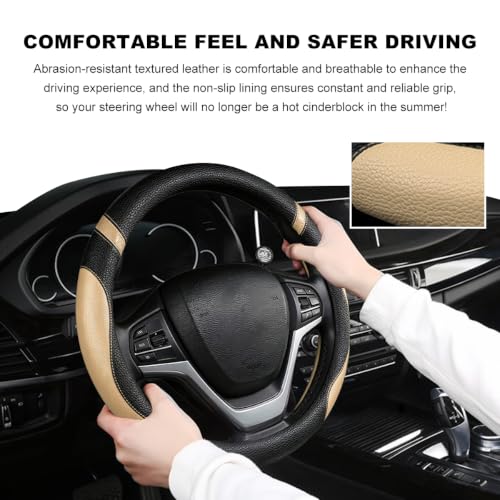 Image of Car Steering Wheel Cover, 15 Inch Premium Leather Breathable Non-Slip Wheels Wrap, Universal Auto Comfortable Steering Wheel Protector for SUV Truck Van, Car Accessories (Beige)