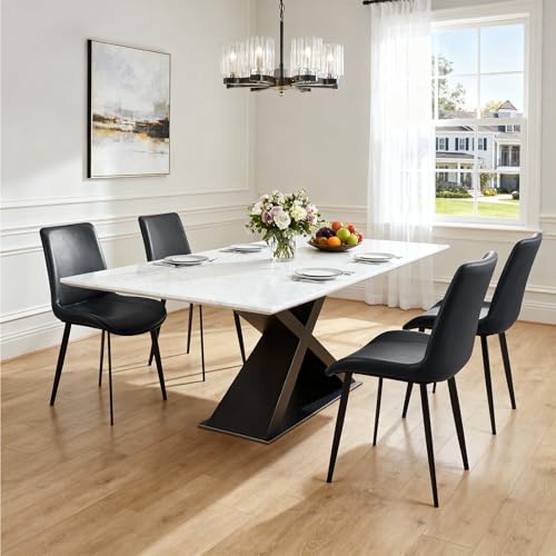 Image of Modern Dining Chairs Set of 2, PU Leather Dining Room Chairs, Upholstered Kitchen Chairs with Ergonomic Backrest & Sturdy Metal Legs, Perfect for Dining Room, Living Room, Black