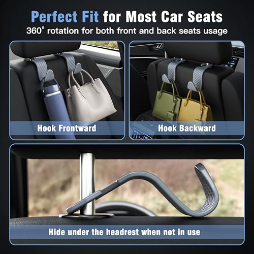 Image of 4-Pack Car Headrest Hooks Holds 55lbs Seat Storage Organizer for Bags | Durable ABS Material, 360 Rotating, Car Hanger for Backpack Umbrella Water Bottle Coat Handbags Groceries, Checkered Grey