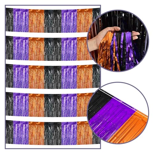 Image of Halloween Decorations - 5 Pack 10 Feet Orange Black Purple Foil Fringe Garland Tinsel Parade Float Fringe Hanging Backdrop Banner Table Skirts
