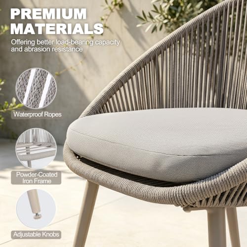 NUU GARDEN 3 Piece Outdoor Bistro Set, Woven Rope Conversation Patio Set, All Weather Patio Furniture Chairs and Table with Cushions for Garden, Deck, Backyard, Balcony, Porch, Beige