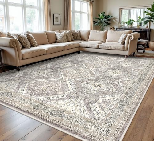 KUTA Ivory Grey Yellow Oriental Medallion Area Rugs 9x12 Living Room, Non-Slip Extra Large Rugs 9x12 for Bedroom, Washable Dining Room Carpet 9 by 12, Low-Pile Soft Printed Vintage Floral Throw