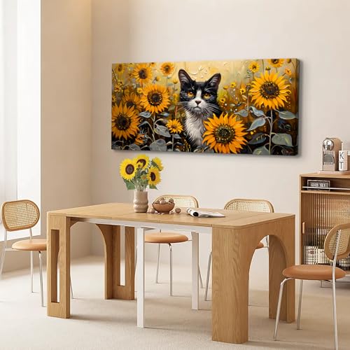 SERIMINO Large Wall Art for Living Room, Sunflower Cat Modern Home Decor Canvas Prints, Flower Field Landscape Pictures Wall Decor, Cute Animal Dining Room Bathroom Office Decor Paintings 30"X60"