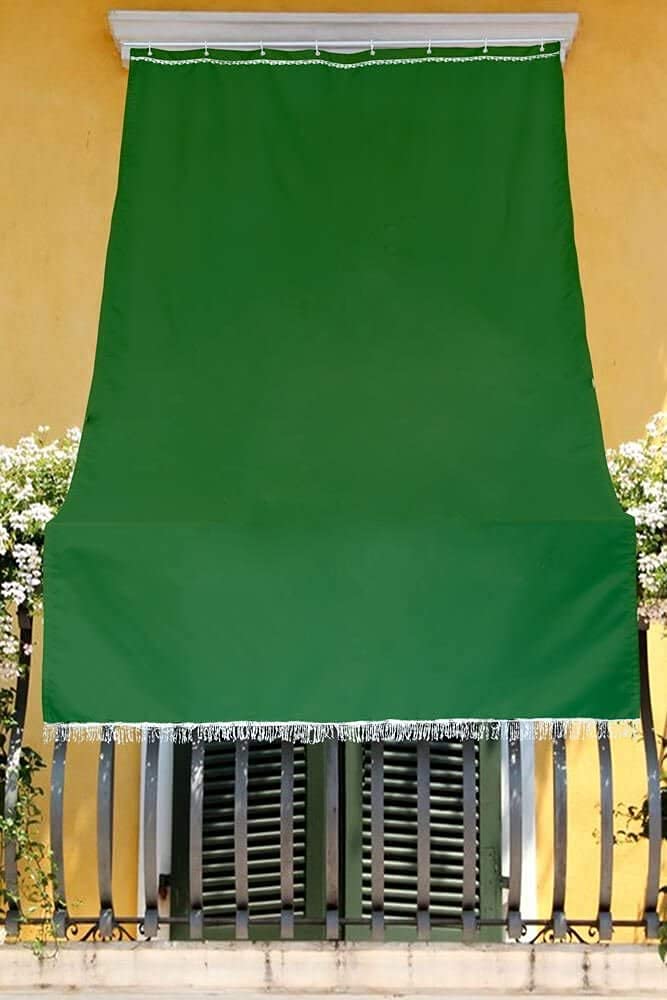 Cortina de Sol a Rayas en caída balcón Ventana terraza con Kit de 6 Anillas y Ganchos de Tejido Resistente a desgarros de Exterior para Puerta de casa jardín Bar Pub cenador Medidas 145x250 cm Aprox