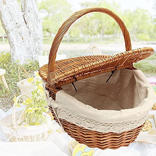 Goodsworldwide Virtetic Wicker Picnic Baskets Oval Double Lidded Fruit Basket Hand Woven Wicker Basket Storage Container with Lining and Handle for Holiday Camping Home Decor