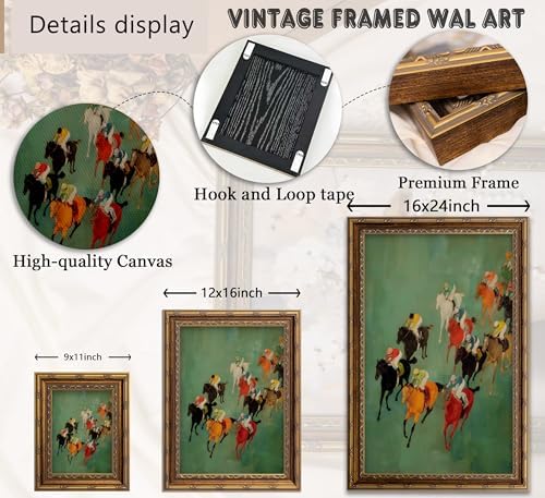 Vintage Gold Framed Horse Racing Wall Art, Retro Equestrian Oil Painting Canvas Prints, Colorful Race Horses and Jockeys Wall Decor, Modern Equestrian Print Artwork for Living Room Bedroom Office Home Decor, 9x11in — view 4