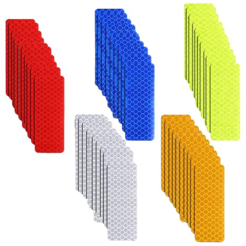 leersao Reflektorband 50 Stück Reflektor Aufkleber, 3 x 8 cm Reflektoren Selbstklebend Sicherheitsaufkleber Reflektierend Nachtsichtbarkeit Warnklebeband für Fahrrad Helme (5 Farben)