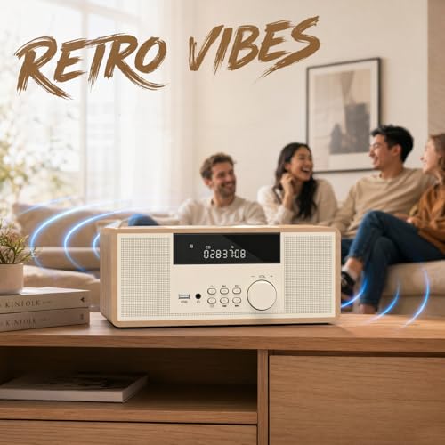 Image of LONPOO Retro Stereo System with CD Player for Home Speaker 30w Bluetooth | AUX-in,USB Playback,Earphones Output DSP-Tech,Classic Wooden Style,Remote Control