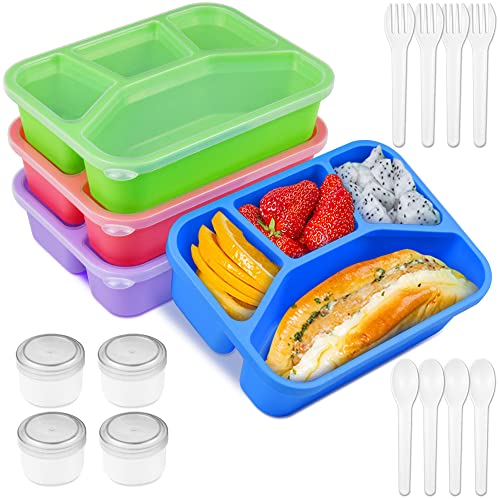 HONZUEN Lunch Box,Lot de 4 Plastique Bento Box avec 4 Compartimentée et Couverts,Boîte Bento Sans BPA Boite à Bento Lunch Box Micro Onde pour Enfant Adulte Cover