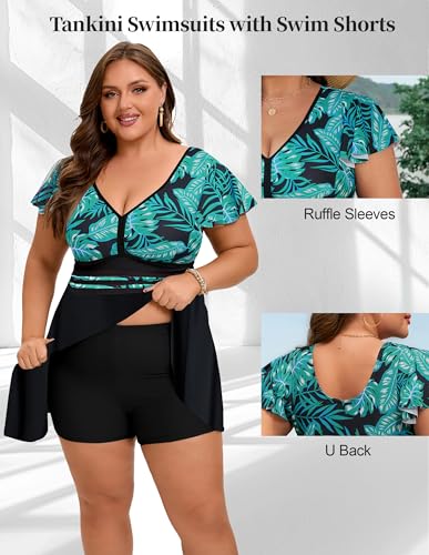 Arolina Women's Plus Size Tankini Swimsuits Swim Dress Mesh Bathing Suits Two Piece Ruffle V Neck Swimwear with Swim Shorts4