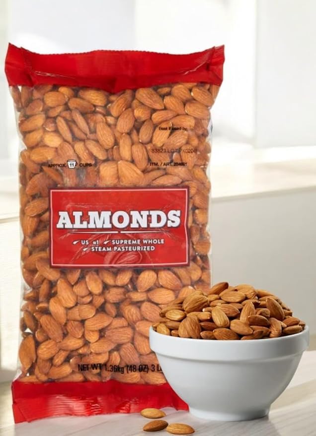 Kirklan Whole Almonds – Steam Pasteurized – 3 lbs (48 oz) Resealable Bag – Unsalted, Crunchy, Ready to Eat – Great for Snacking, Baking, and Cooking
