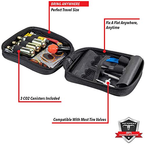 Image of Pit Posse PP3167 Motorcycle Tire Repair Kit with Co2 Inflator and Cartridges for Tube and Tubeless Tires, Emergency Roadside Kit, Flat Tire Accessories for Easy Repair
