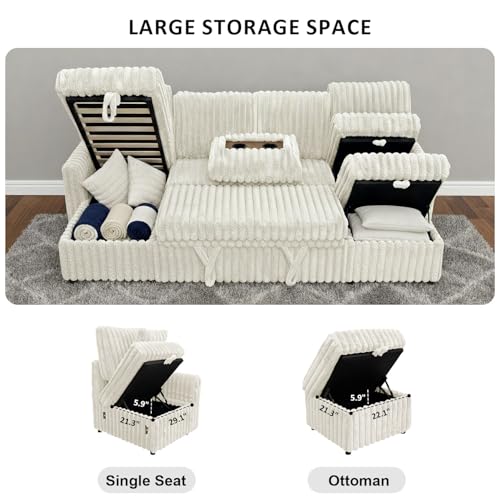 Image of KCGKCG 104 inch U Shaped Sleeper Sofa Bed, Pull Out Couches for Living Room | Pull Out Sofa Bed with Storage Chaise, Dual Cup Holders, Side Storage Pocket, Charging Station, Plush Corduroy Fabric