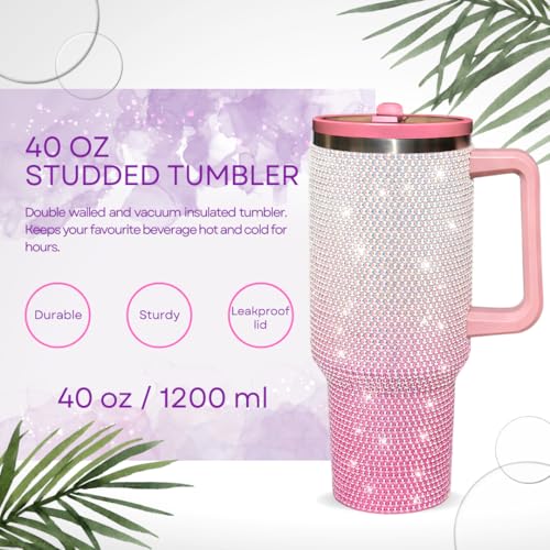 Image of 40 Oz Rhinestone Studded Tumbler with Handle Straw and Lid, Insulated Stainless Steel Double Layer Water Bottle for Women, Reusable Travel Coffee Mug (1200ml) Gradient white /pink