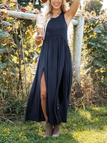 Women's Maxi Dress Summer Sleeveless Crewneck Swing Sundress Casual Loose Long Dresses with Pockets2