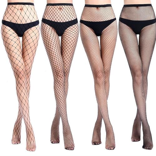Risipu 4 Pairs Black Fishnet Tights for Women Sexy Cross Mesh Tights Fishnet Stockings High Waisted Fishnets Pantyhose Ladies Fish Net Tight (One Size Black)