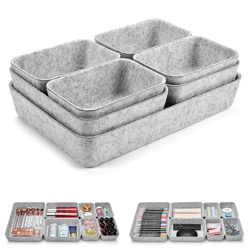 Desk Drawer Organiser Trays, 14 Pcs Felt Drawer Organizers Makeup Storage Boxes, Drawer Tidy Organiser for Home Office Stationery Dresser - Grey
