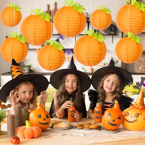 Image of 12Pcs Fall Thanksgiving Pumpkins Decorations Orange Paper Pumpkin Ball Decorations Lanterns Unique Design Perfect for Halloween Jack O Lantern Classroom Kitchen Party Indoor Outdoor