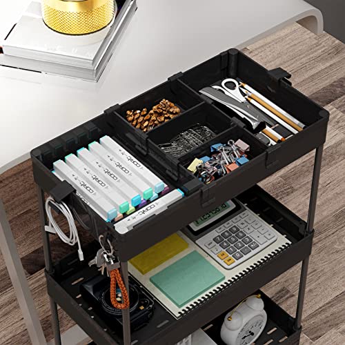 Image of SPACELEAD 4 Tier Rolling Cart with Wheels, Storage Craft Art Trolley Organizer Serving, 3 Hanging Baskets Easy Assembly, for Office, Living Room, Kitchen