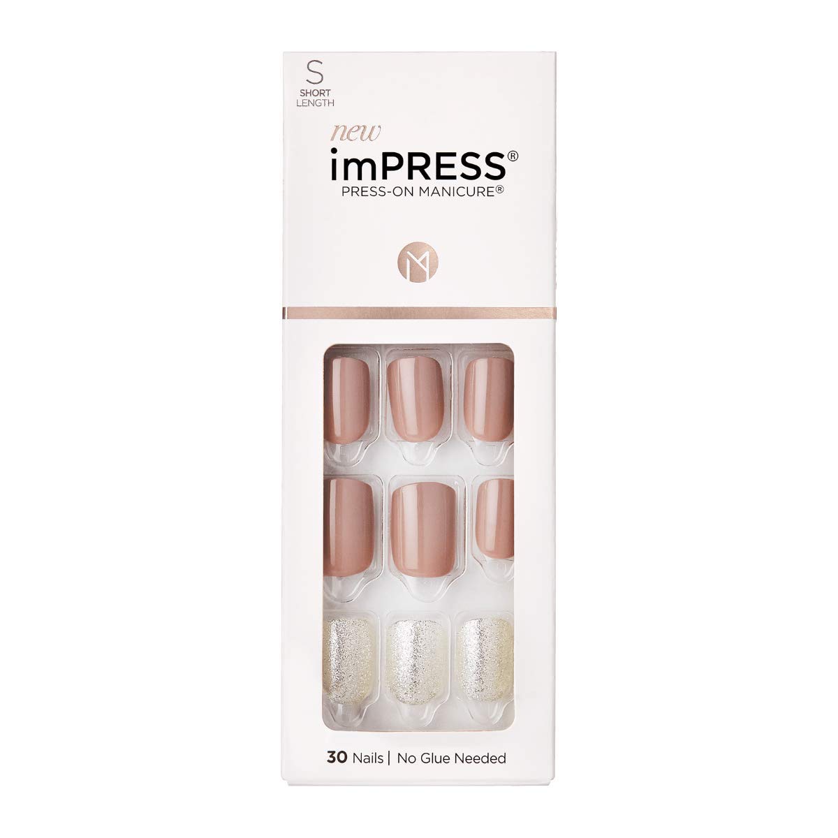 KISS imPRESS No Glue Mani Press On Nails, Design, 'One More Chance', Gold, Short Size, Squoval Shape, Includes 30 Nails, Prep Pad, Instructions Sheet, 1 Manicure Stick, 1 Mini File