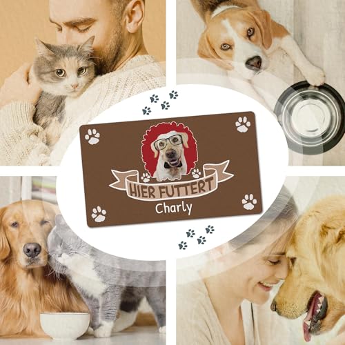 PR Print Royal Napfunterlage mit Foto & Name selbst gestalten - Hier futtert - Futtermatte für Hunde & Katzen - Personalisierte Geschenkidee, Waschbar | 60 x 35 cm, rutschfest