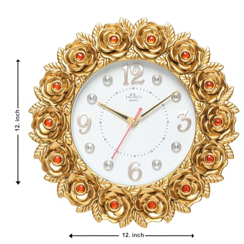 HORO Rose Design With Colore Full Stones -12 Inch Digital Wall Clock - 3Dnumber Dial/Mineral Glass ? 30X30X5Cm (Step Movement -Golden Color Plastic Case)