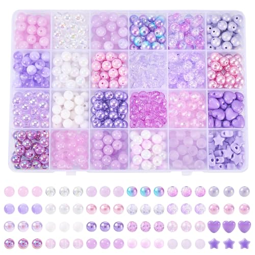 Pandahall 593pcs 8mm Acrylic Purple Beads for Bracelet Making Mermaid Purple Kawaii Fun Beads Set Mix Plastic Round Loose Beads for DIY Jewelry Making Necklace