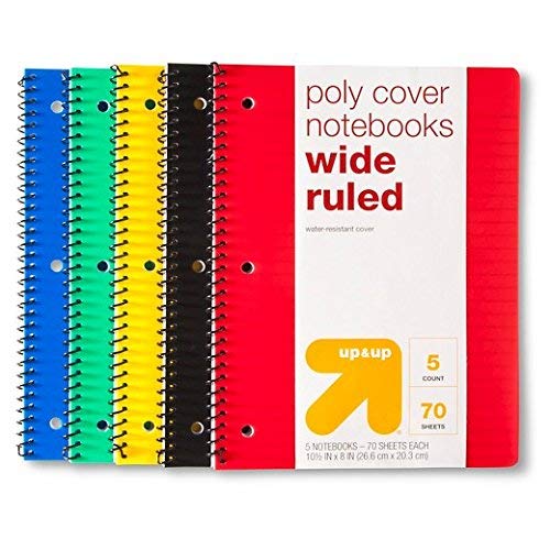 Five Poly Cover Wide Ruled One Subject Spiral Notebooks - Red/Blue/Green/Yellow/Black      Office Product