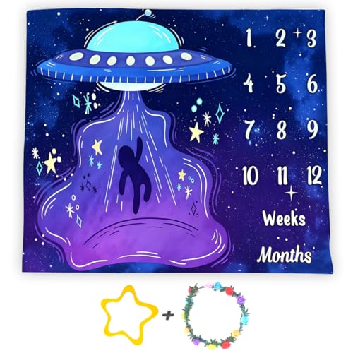 Image of UFO Baby Monthly Milestone Blanket, 48x40in Soft Flannel, Alien Round Spaceship, Newborn Mom Gifts, Baby Shower Age Growth Tracker with Bonus Maker (Purple Blue, 48x40in)