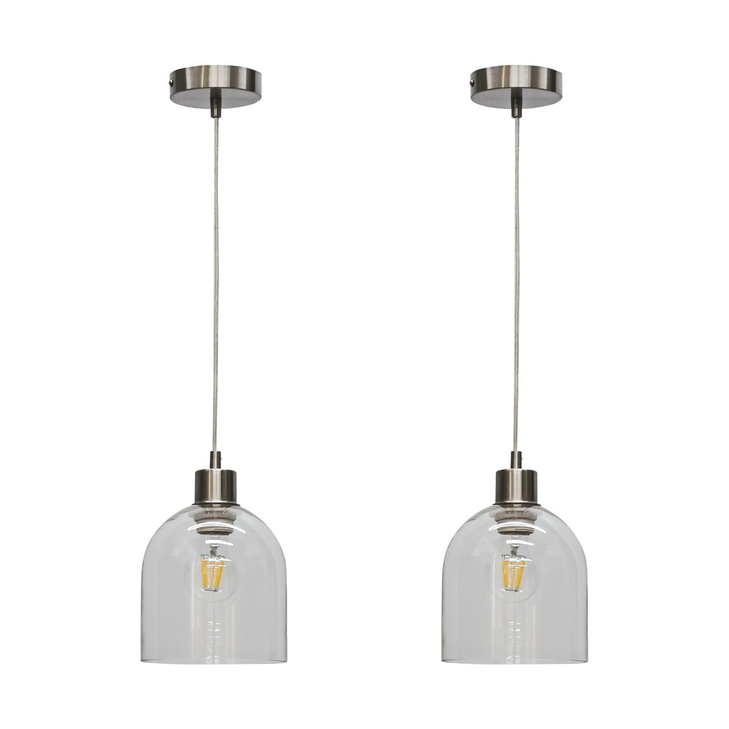 Belten Set of 2 Clear Glass Cloche Pendant Lights - Satin Nickel Fittings - Height Adjustable