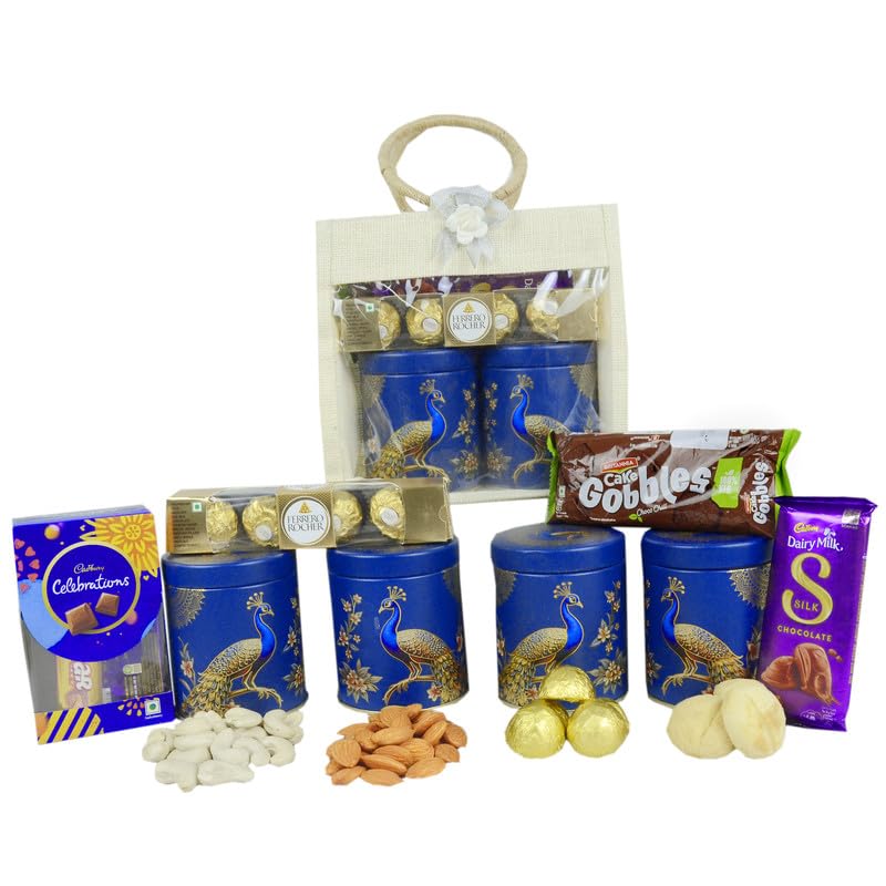 Image of NUTRI MIRACLE Rakhi & Dry Fruit Combo Gift Hamper for Brother with Tilak Set, Assorted Chocolates and Greeting Card